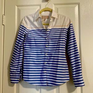 Worn once.  Cotton Oxford blouse with blue and white stripes. Like new
